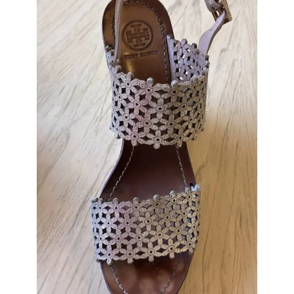 Tory Burch Wedge Sandals Womens 10 Gold Tan Laser-Cut Slingback Cork Platform